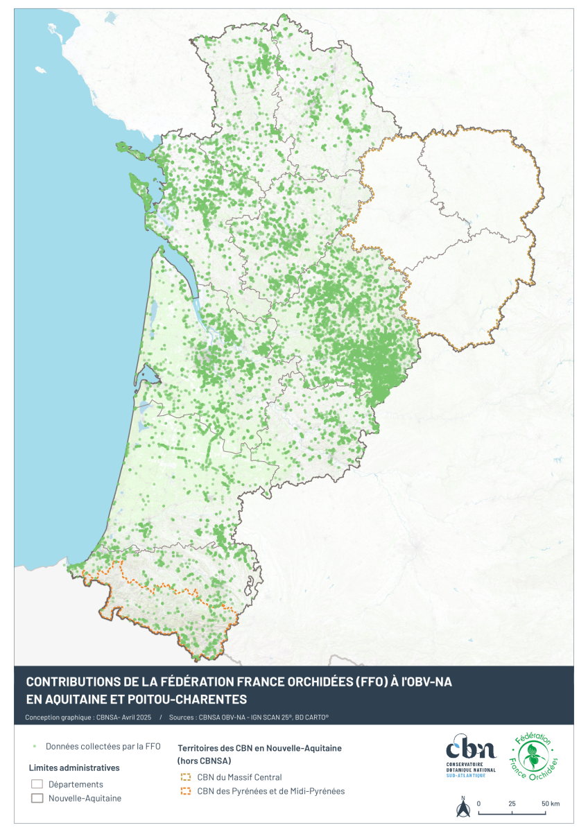 Carte des observations collectées par la FFO et intégrées à l'OBV-NA